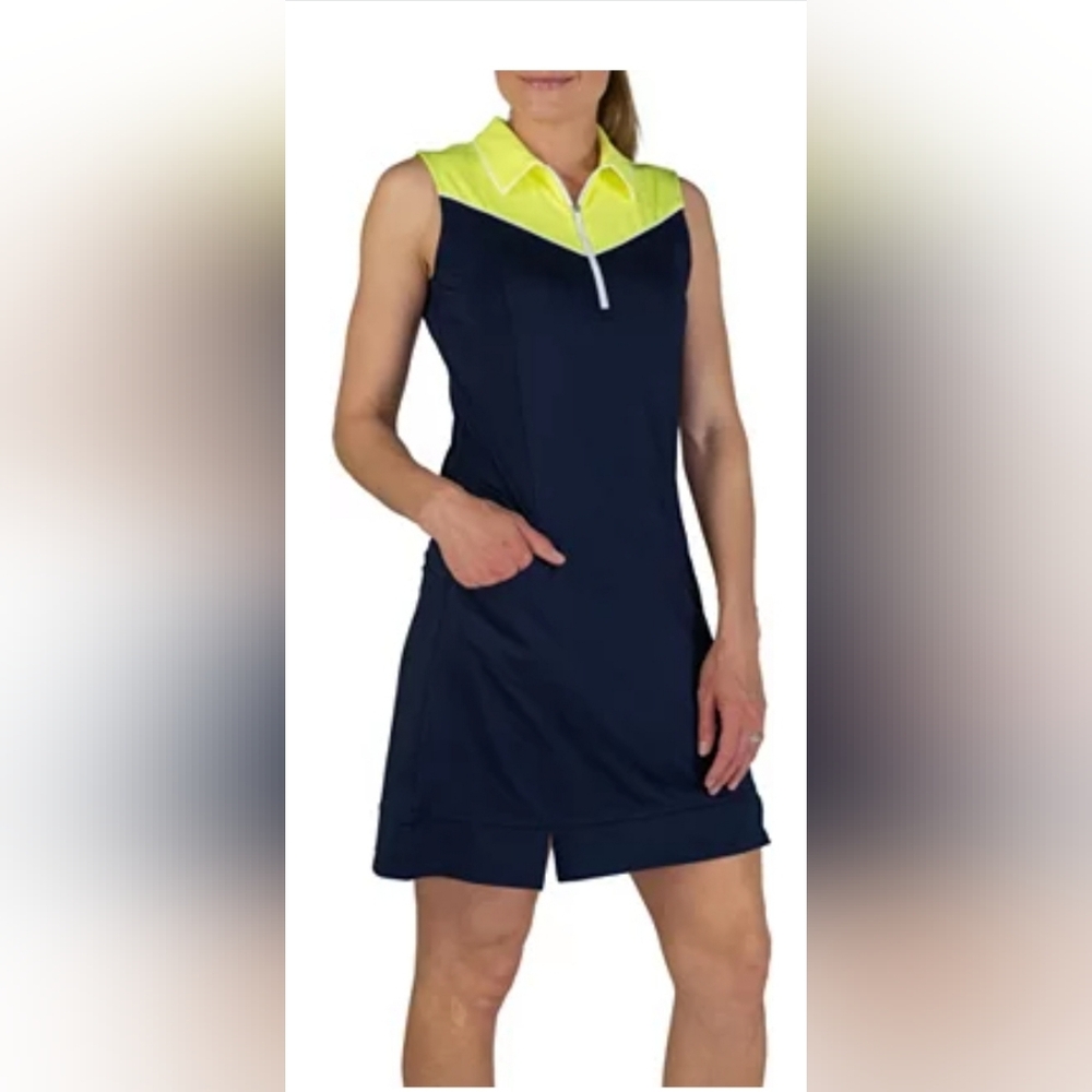 Jofit Sleeveless Pointed Yoke Colorblock Golf Dress: NAVY/YELLOW: NWT: SIZE L